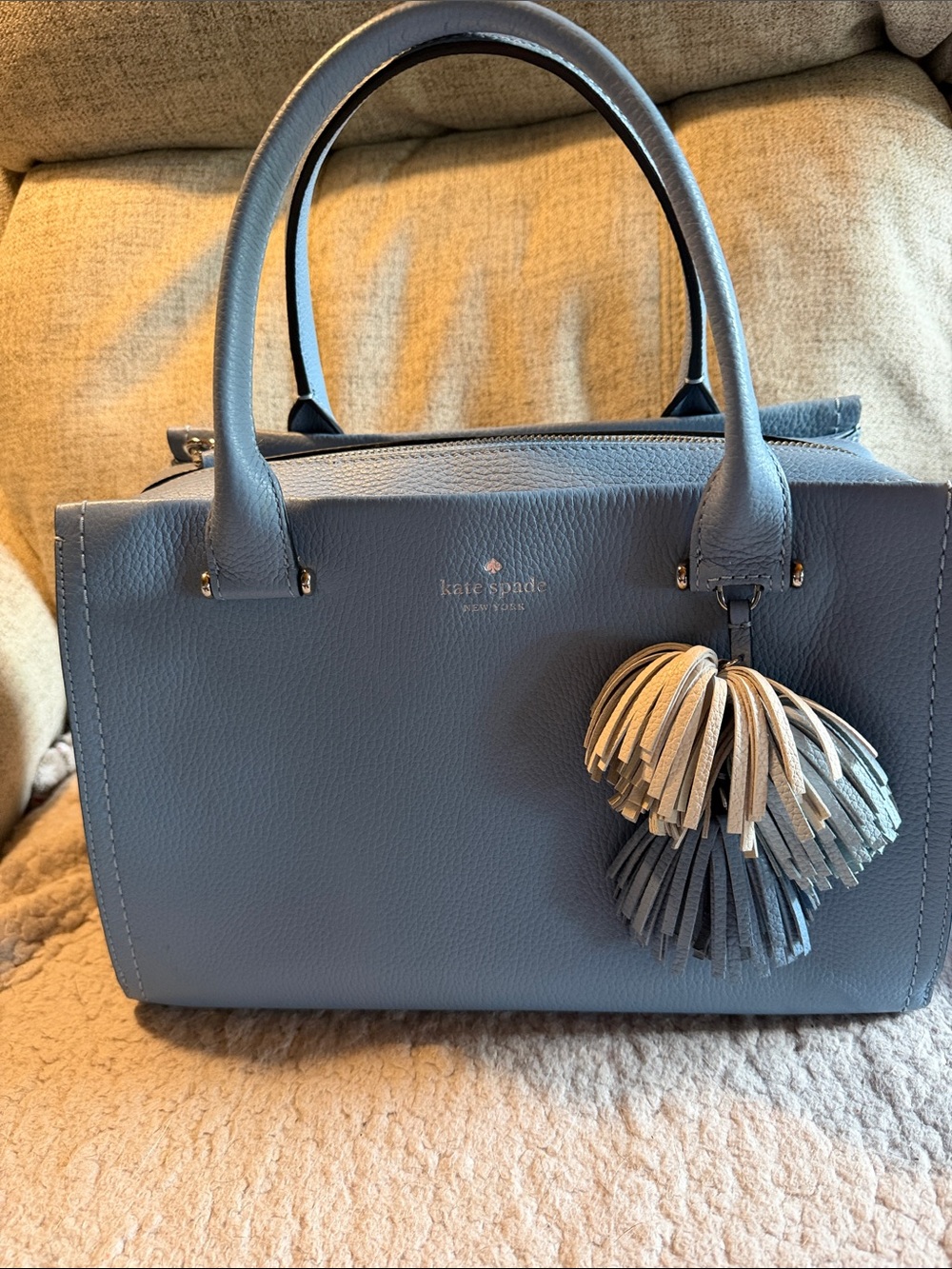 kate spade Blue Leather Satchel with Double Tassel Charm